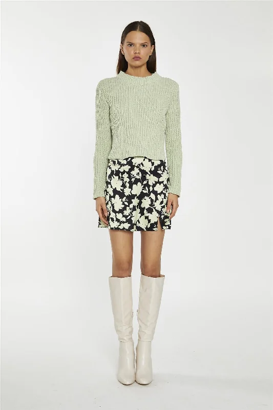 Soft-Lime Black-Floral Notch-Split Mini-Skirt