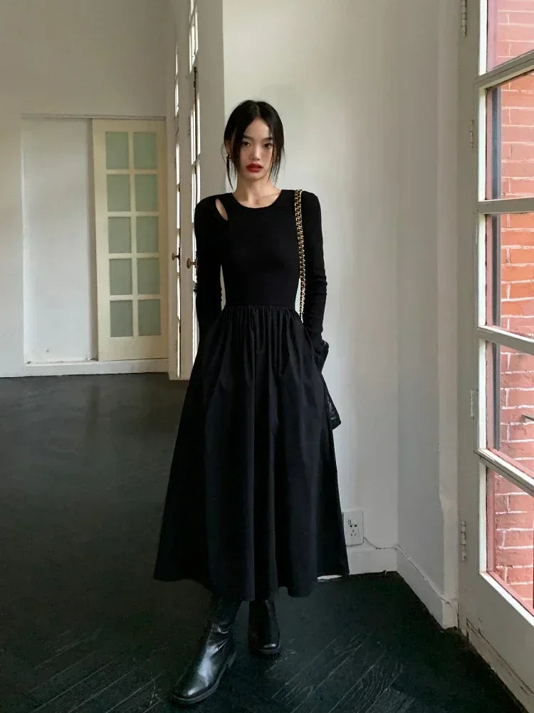 Cinessd Vintage Knitting Maxi Wedding Dresses for Women Clothing O Neck Office Lady Casual Pockets Bodycon Midi Dress Winter 2023 Black