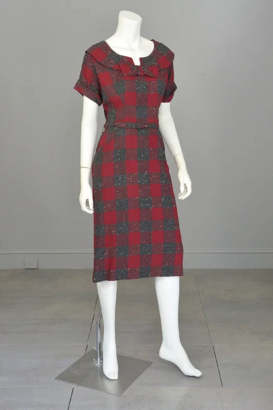 1940s 50s Red Wine Gray Plaid Wiggle Secretary Dress