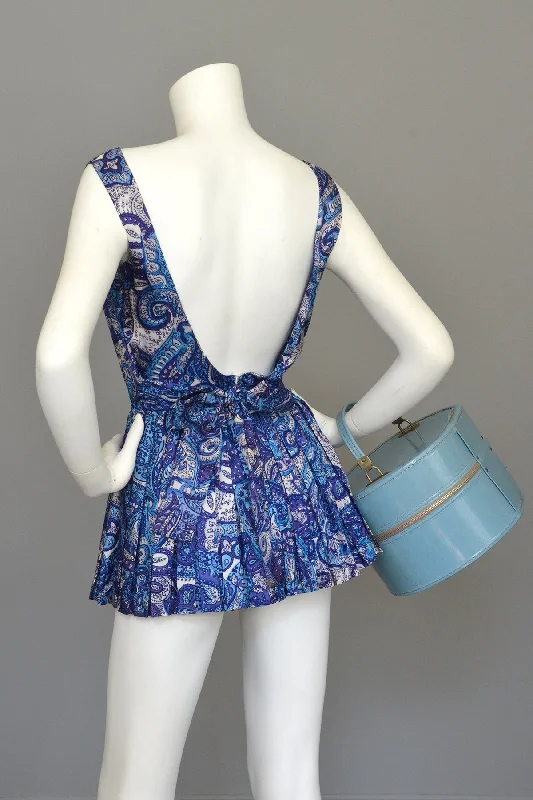 1950s Blue Paisley Vintage Pinup Romper Bathing Suit Playsuit