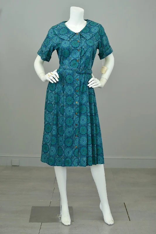 1950s Peacock Feather Medallion Print Shirtwaist Dress with Sailor Collar | Original Tags