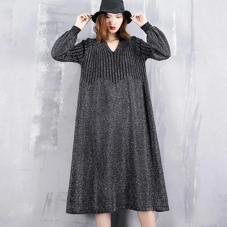 2024 black sweater dress plus size v neck sweater vintage baggy Cinched winter dress