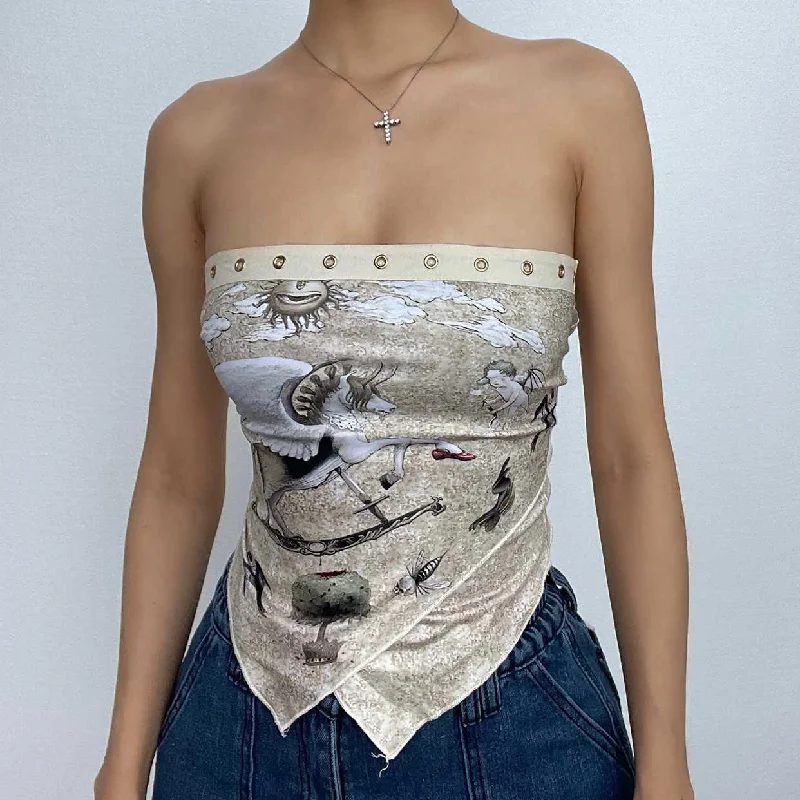 Abstract print contrast self tie backless tube crop top