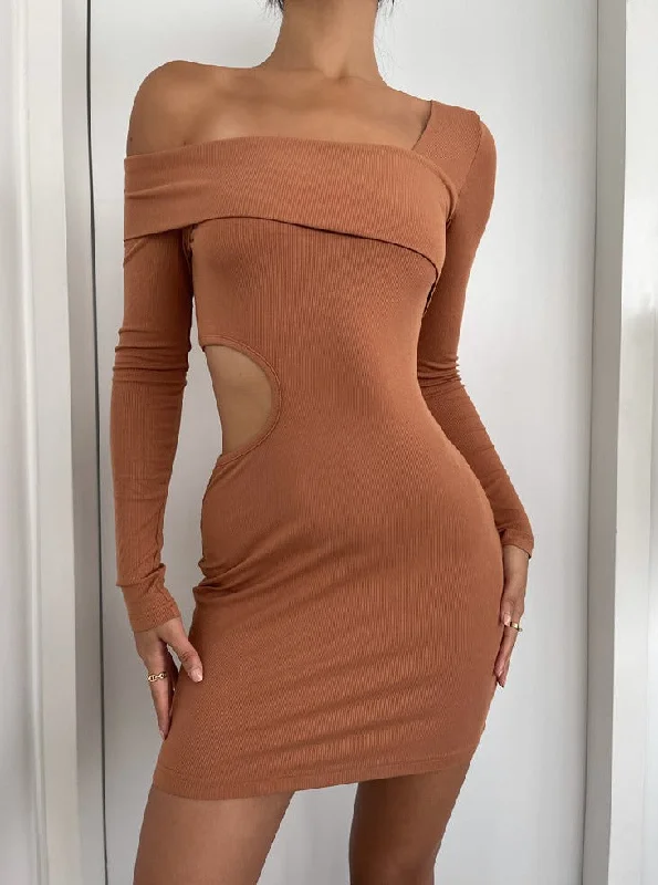 Brown Orange Cut Out Bare Shoulder Dress