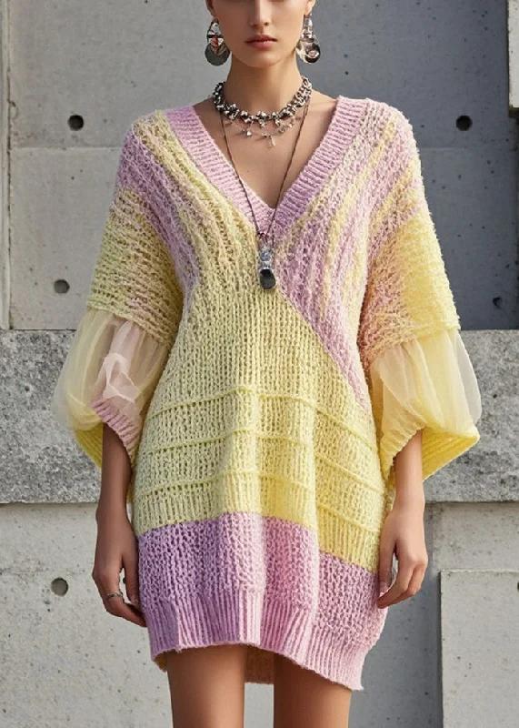 Casual Yellow Oversized Patchwork Tulle Sweater Dress Fall