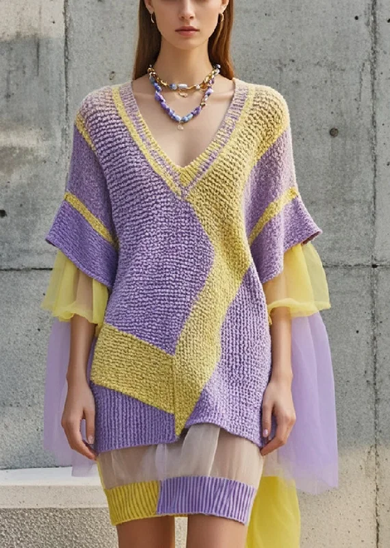 Chic Purple V Neck Patchwork Tulle Sweater Dress Fall