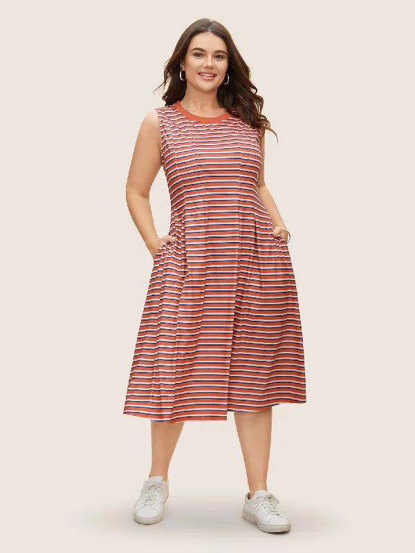 Contrast Striped Pleated Pocket Tank Dress