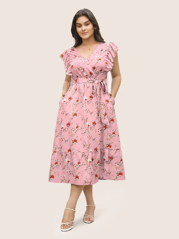 Ditsy Floral Flutter Trim Pocket Layered Hem Dress