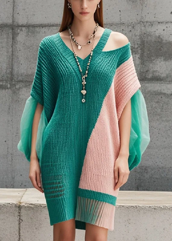 Elegant Tea Green Cold Shoulder Patchwork Tulle Long Sweater Fall