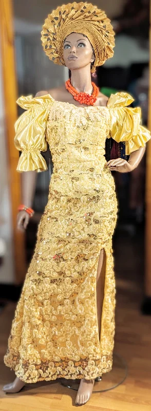 Exquisite Ahebi Yellow Cream African Off-Shoulder Dress with Gold Sequin Embellishments-DPXYCSL2