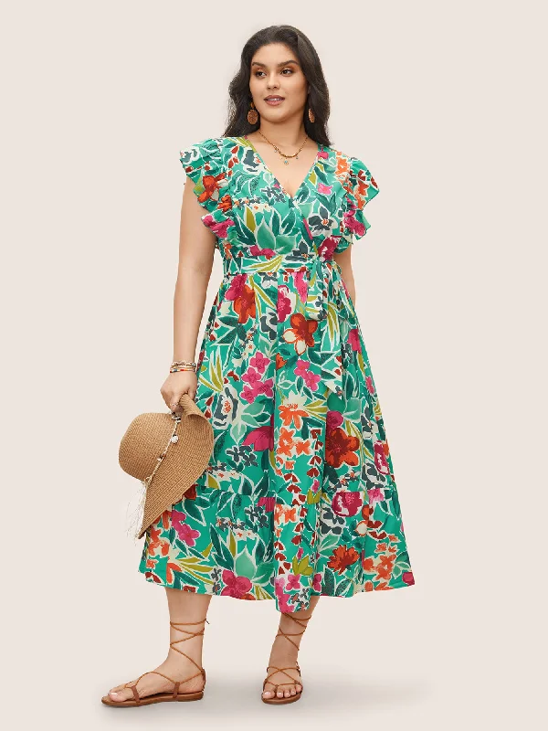 Floral Wrap Patchwork Ruffle Cap Sleeve Dress