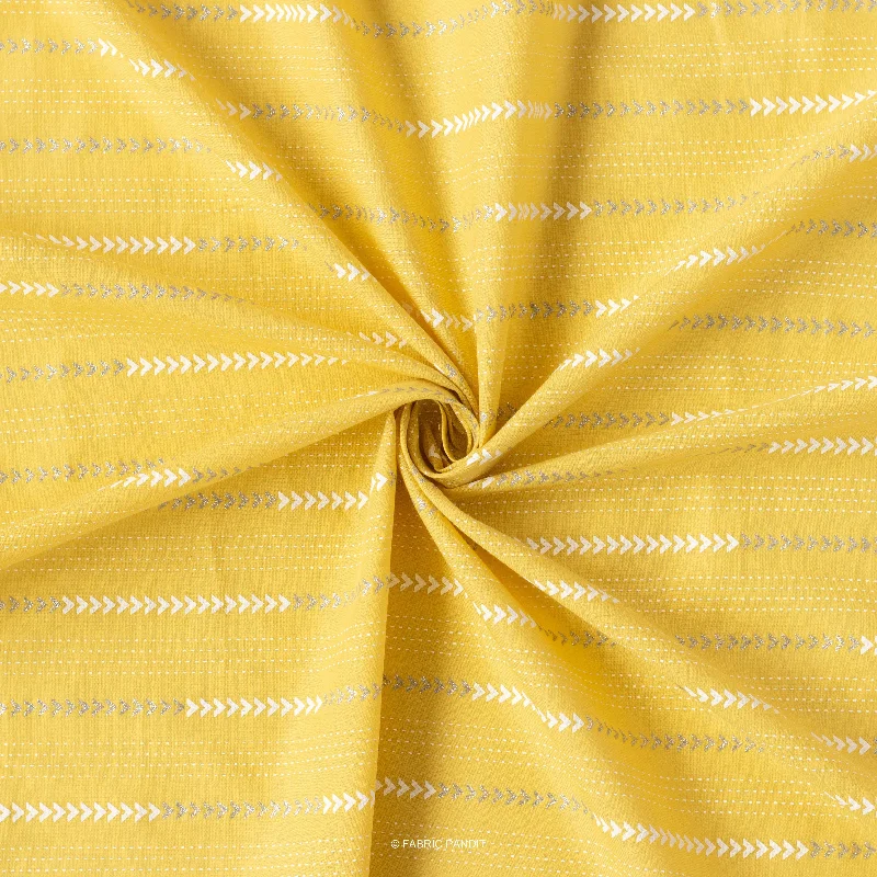 Honey Yellow Geometric Stripes and Glitter Hand Block Printed Pure Cotton Cambric Fabric Width (43 Inches)