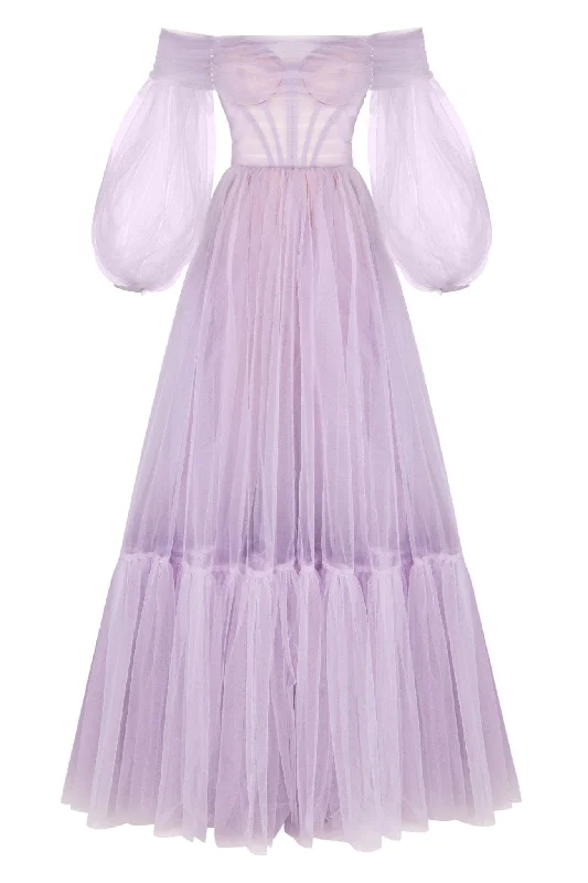 Lavender Sheer Sleeves Maxi Tulle Dress