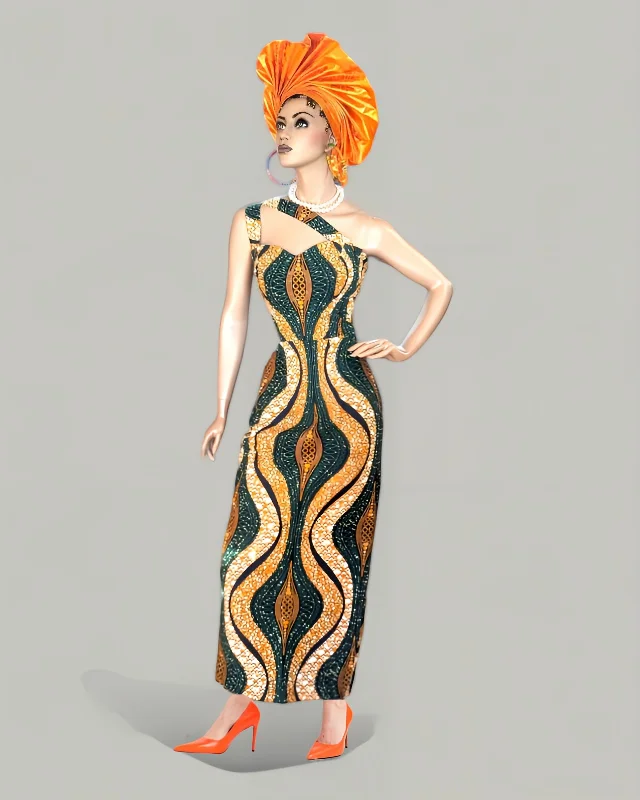 Naija Regalia Elegance Green Orange One-Shoulder Cutout Ankara African Print Dress-DP65OGD