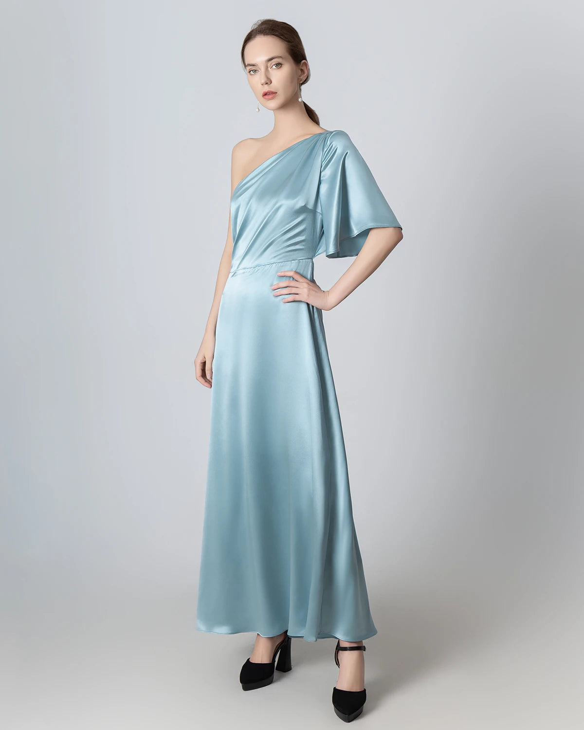 One Shoulder Tie Back Maxi Silk Dress