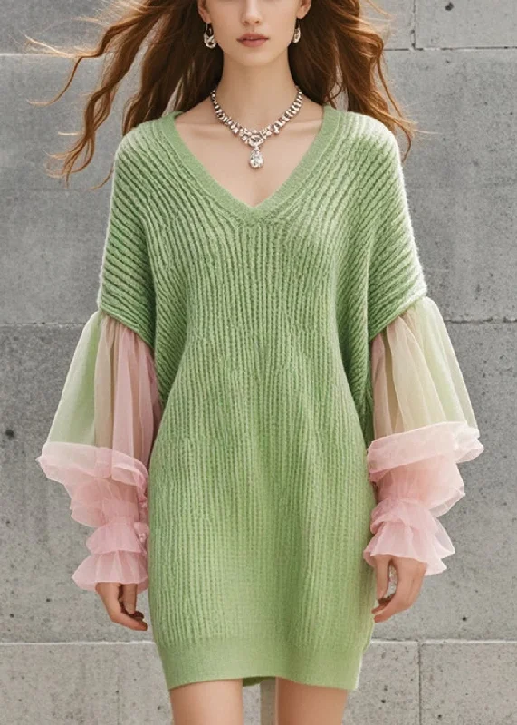 Organic Grass Green V Neck Patchwork Tulle Knit Dress Lantern Sleeve