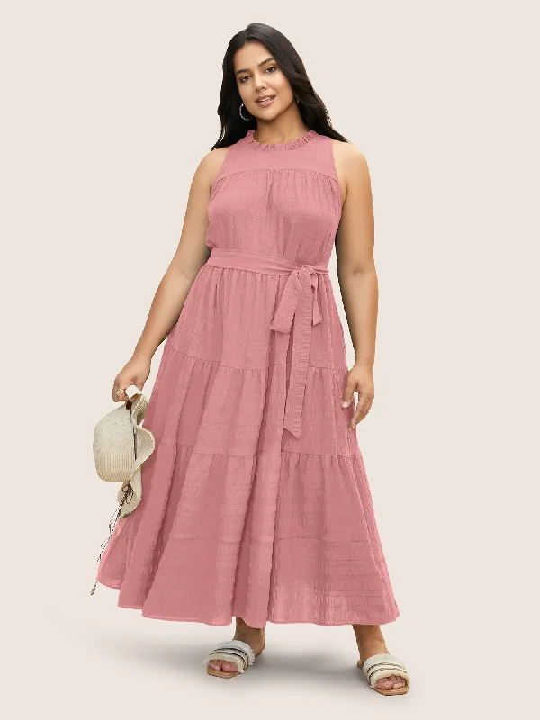 Plain Textured A-line Frill Trim Dress