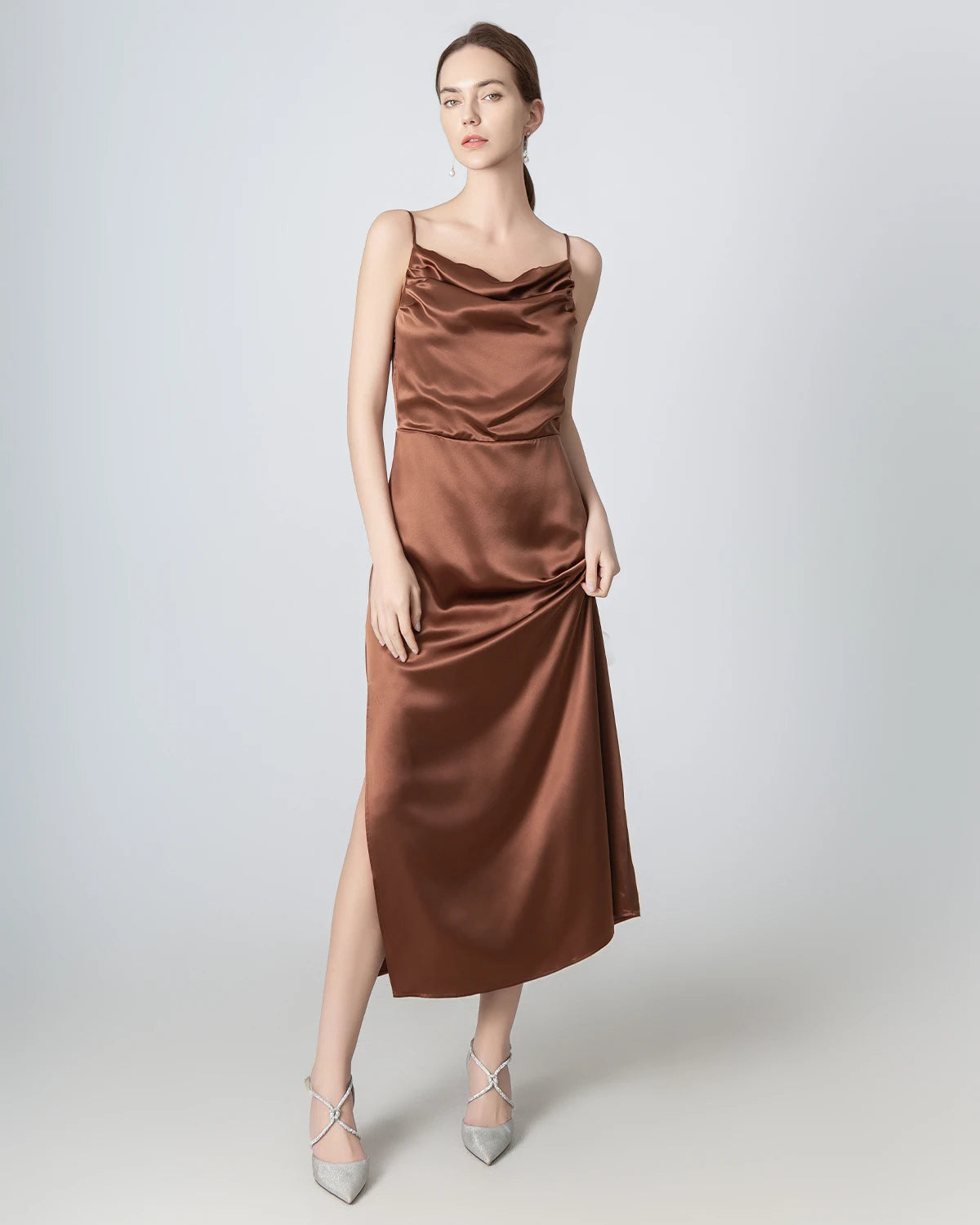 Pleated Cowl Neck Slit Maxi Silk Dress