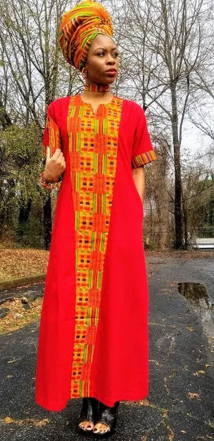 Red Dress with African Print Kente trimmings-DP3227BP3