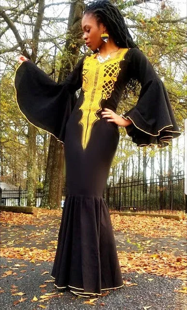 Regal Black Panther Dress with Gold Embroidery-DPBLKP12