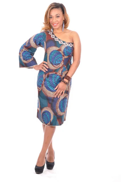 Royal Blue, Brown and Beige African Print Mono Sleeve Dress