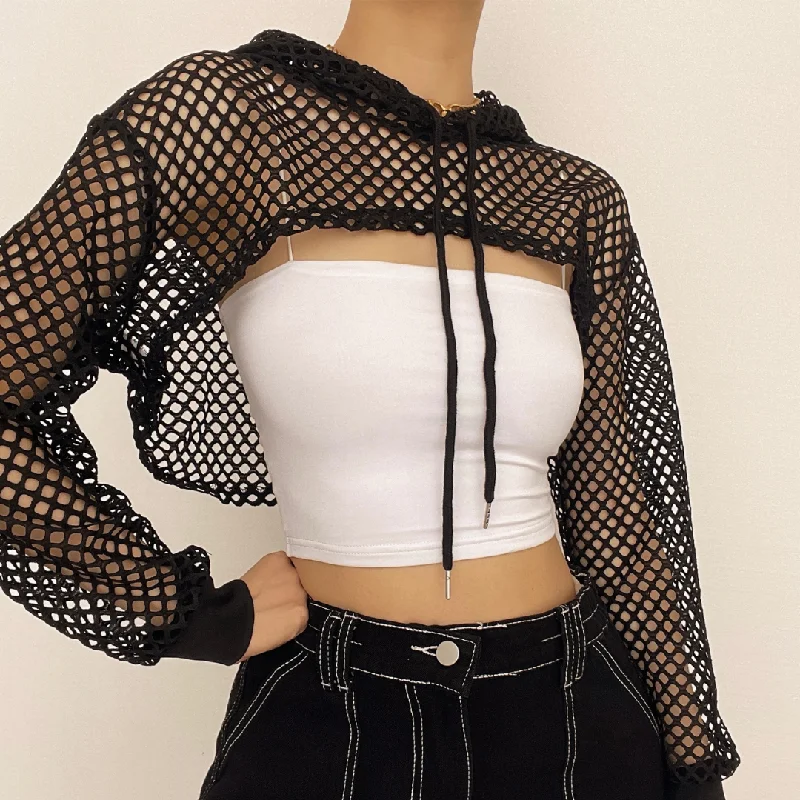 Fishnet hollow out solid long sleeve hoodie shrug cut out top