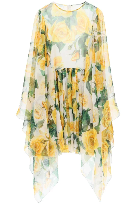 short silk chiffon dress with yellow rose print F6ASDT IS1P2 ROSE GIALLE FDO BCO