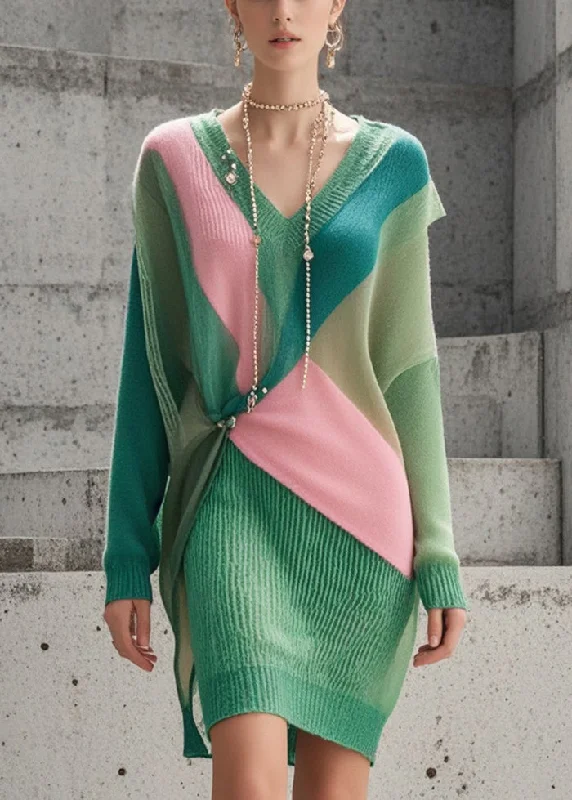 Silm Fit Green Asymmetrical Patchwork Knitwear Dress Fall