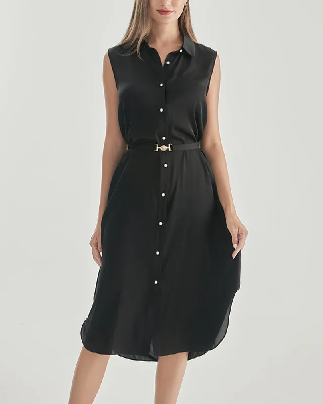 Belted Shirt Dress Sleeveless Silk Dress