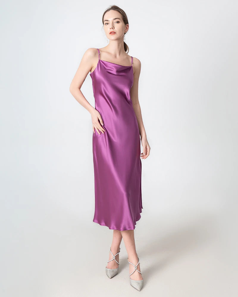 Slit Cowl Neck Midi Silk Dress