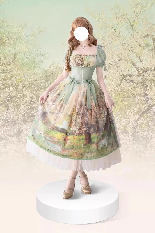 (BFM)Lo-cyan Lolita~Spring~Sweet Lolita OP Dress Oil Painting Print V-Waist Bow Dress