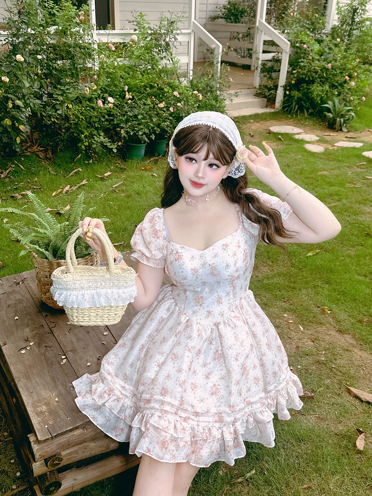 Yingtang~Plus Size Lolita OP Dress Floral Print Princess Dress