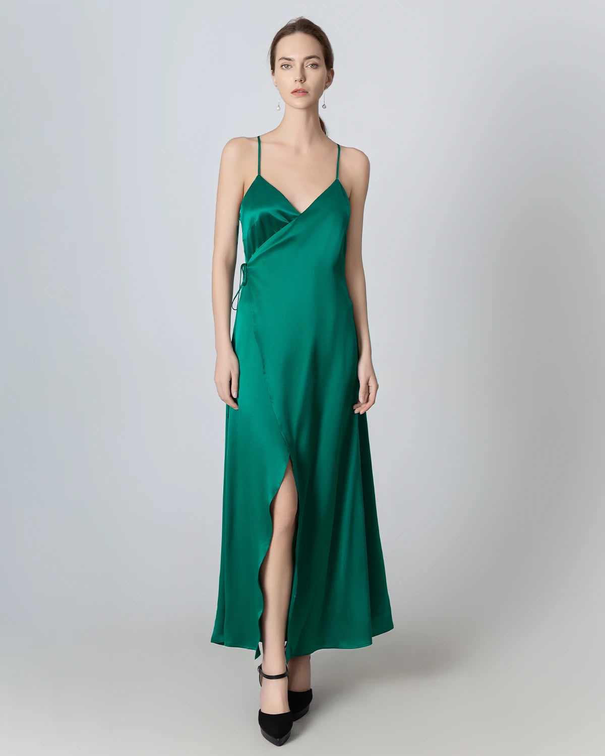 V-neck Backless Wrap Maxi Silk Dress