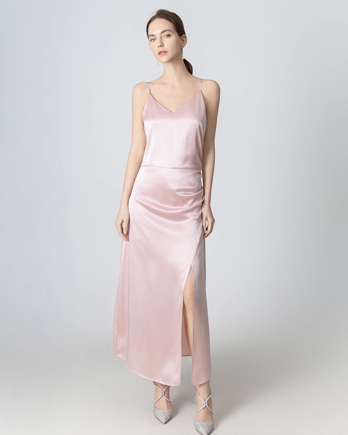 V-neck Pleated Slit Maxi Silk Dress