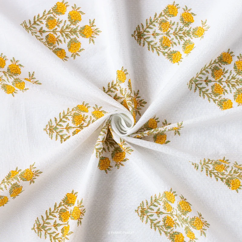 White And Yellow Floral Bunch Hand Block Printed Pure Cotton Cambric Fabric Width (43 Inches)