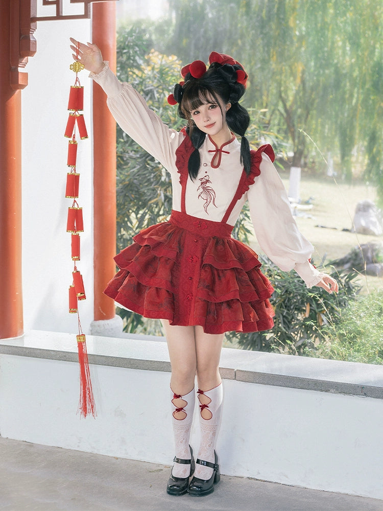 With PUJI~New Year Chinese Style Embroidery Lolita Shirt Vest Skirt Set