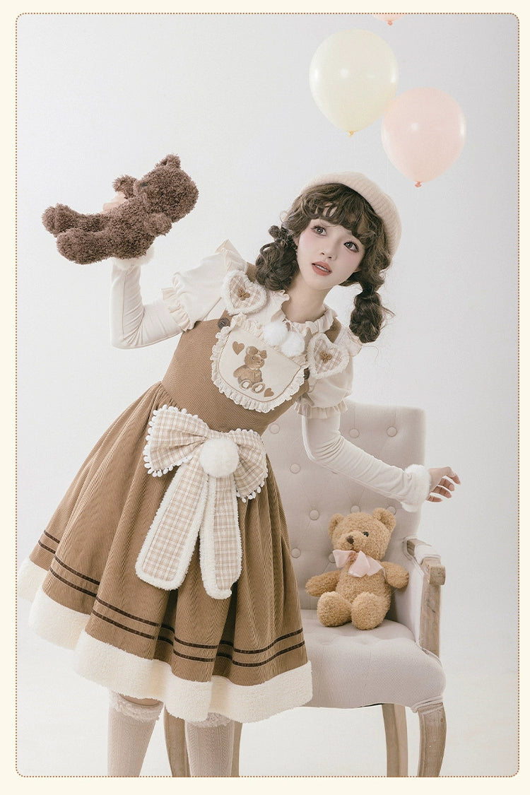 With PUJI~Urei's Dream~Kawaii Lolita Dress Velvet Bear Embroidery Winter JSK Dress