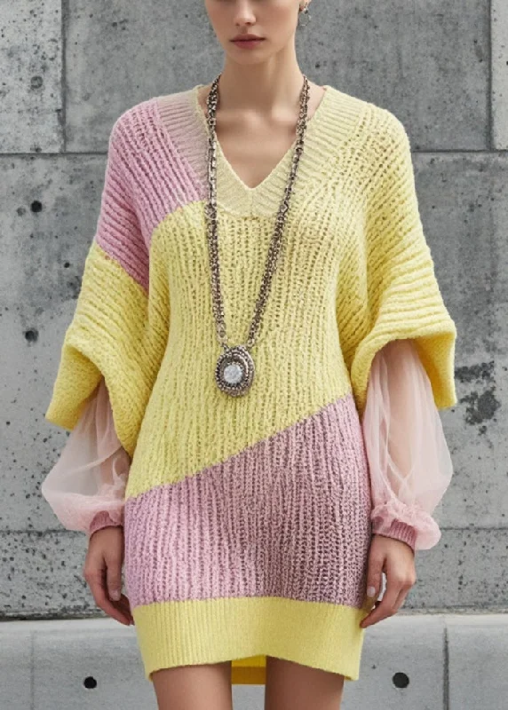 Yellow Patchwork Tulle Sweater Dress V Neck Batwing Sleeve