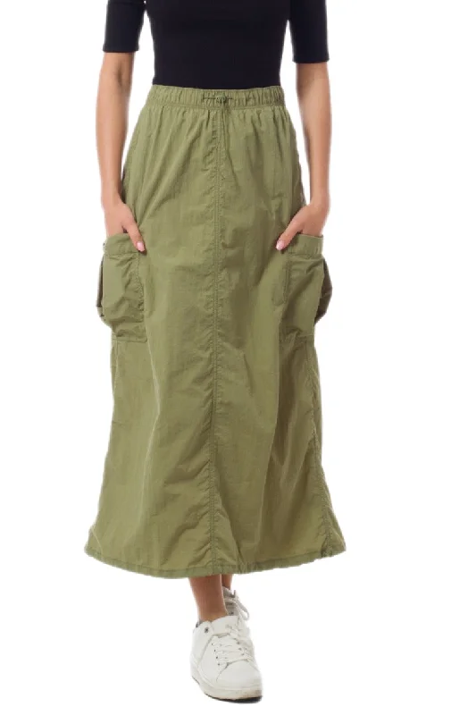 Cargo Parachute Long Skirt with Drawstring in Light Olive Style 5290