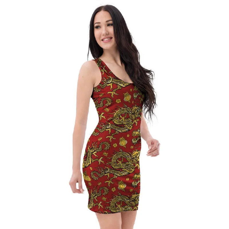 Golden Chinese Dragon Floral Print Bodycon Dress