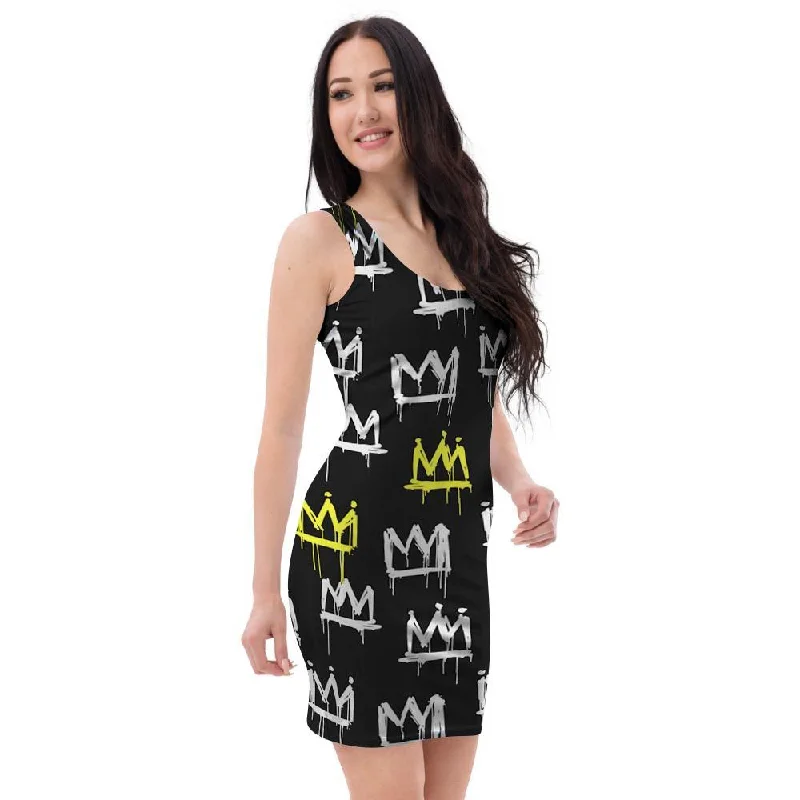 Graffiti Hiphop White And Yellow Crown Print Bodycon Dress