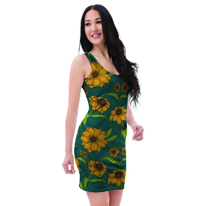 Green Zigzag Sunflower Bodycon Dress