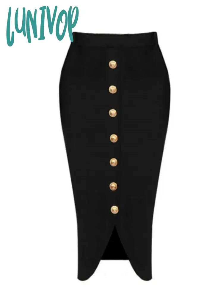 Lunivop Summer New Women Black Midi Bodycon Bandage Skirt High Waist Party Office Lady Elegant Split Skirt