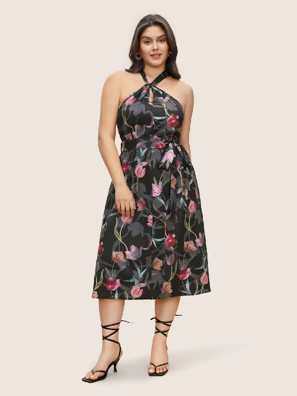 Floral Halter Belted Twist Front Pocket Dress