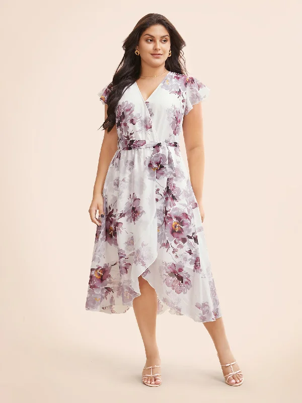 Floral Overlap Collar Ruffle Cap Sleeve Dress