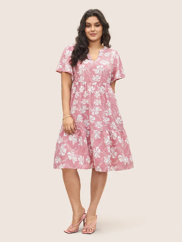 Silhouette Floral Print Notched Collar Pleated Dress